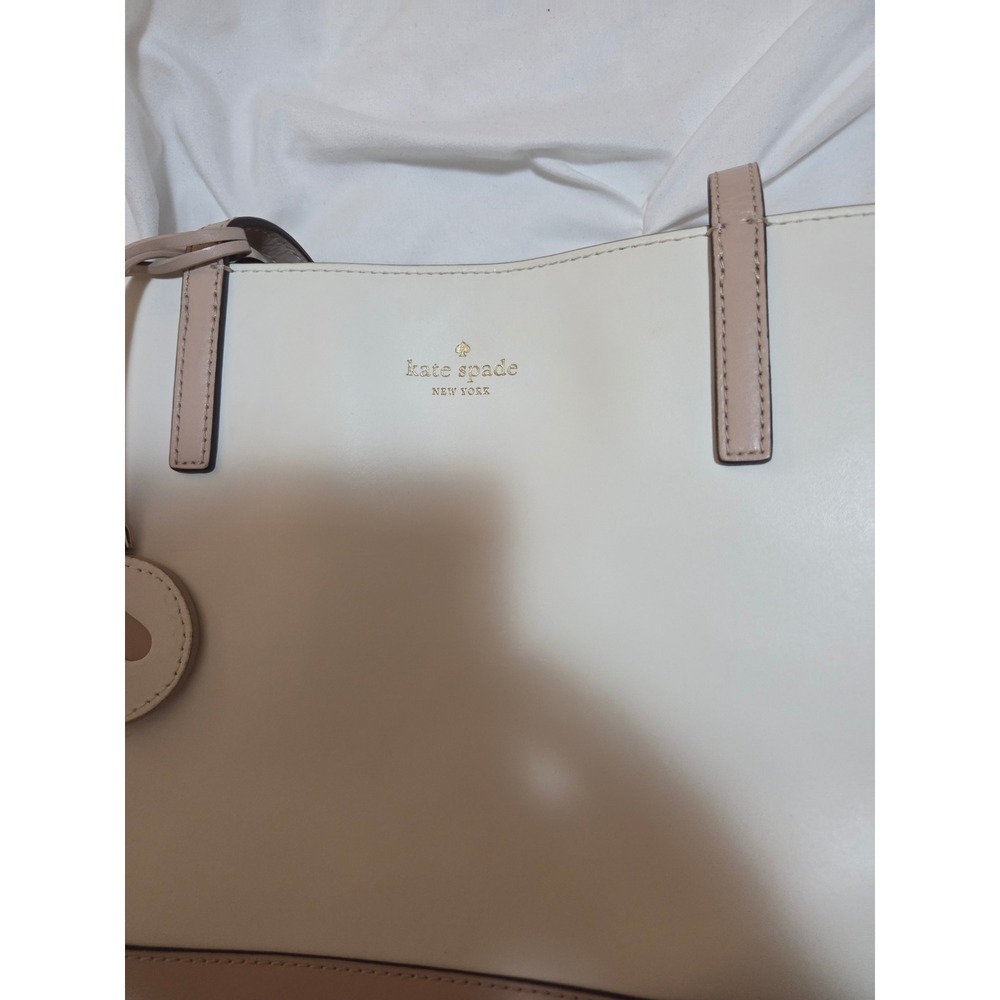 Kate Spade New York Two Tone Leather Tote Bag Cream Pink Colorblock Shoulder Bag - Picture 2 of 8